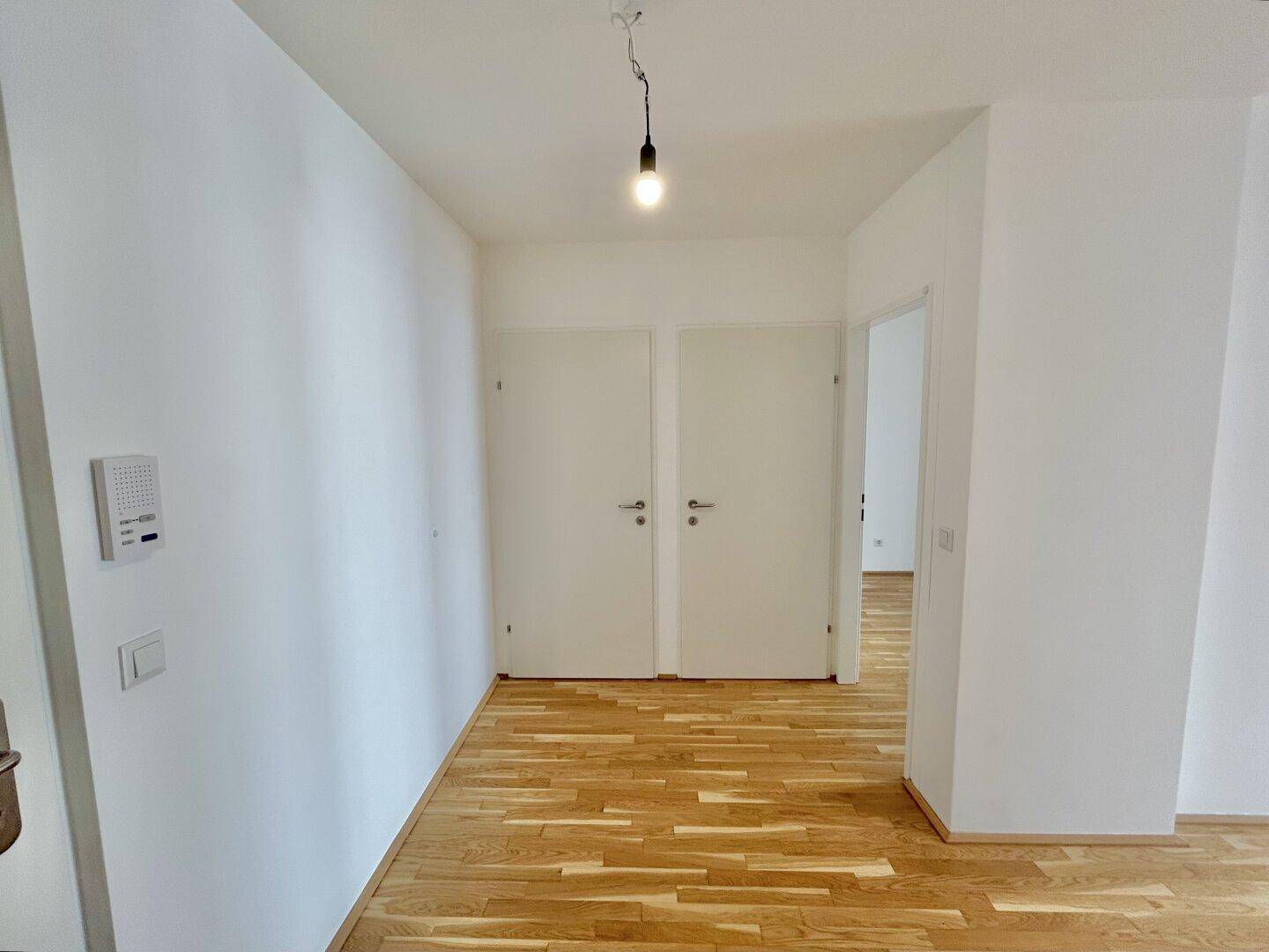 Heller Flur mit zwei Türen und Parkettboden, der den Zugang zu den privaten Bereichen ermöglicht.