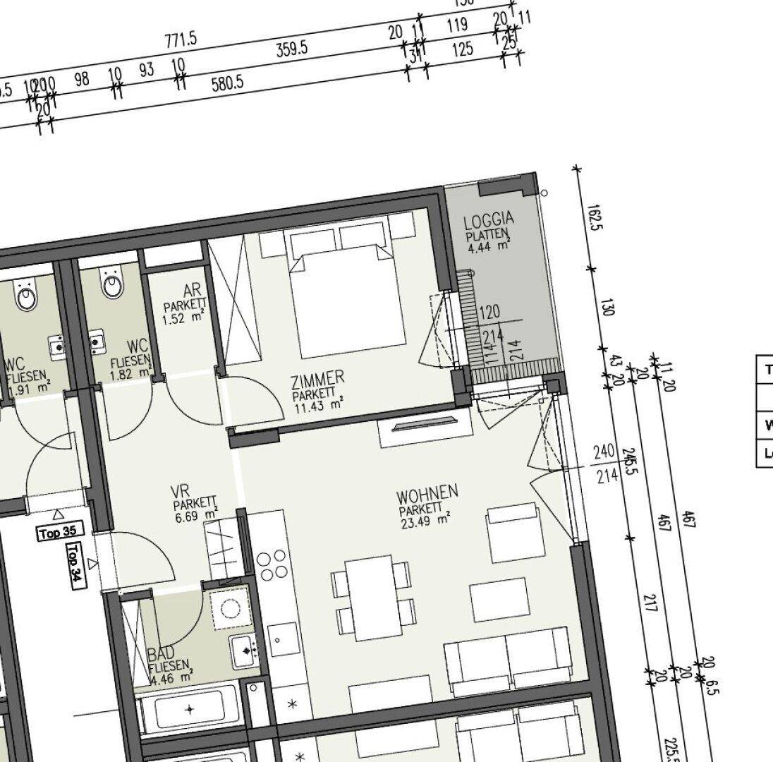 Grundriss einer Wohnung mit Zimmer, Wohnbereich, Bad und Loggia, inklusive Flächenangaben.