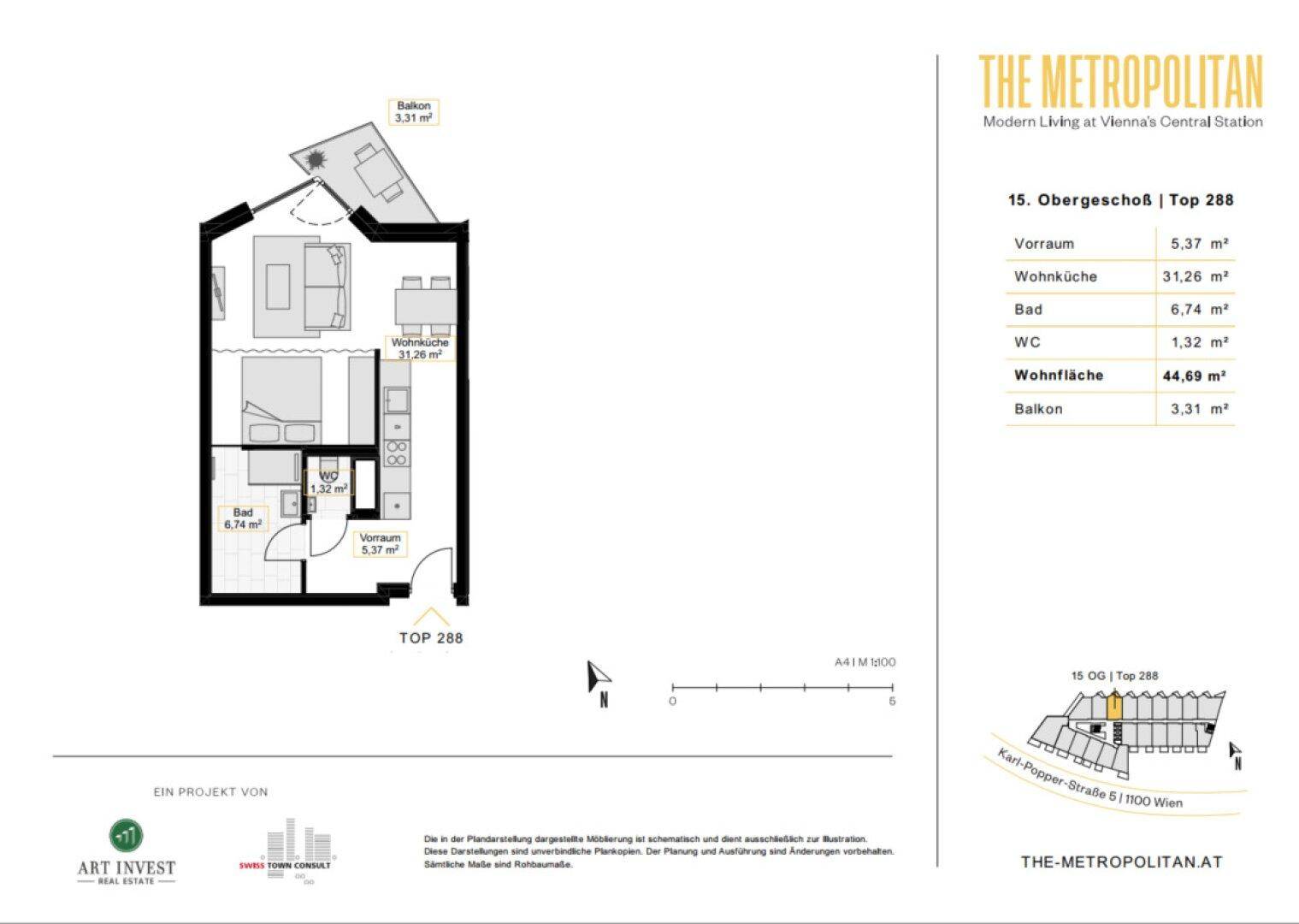 Grundriss einer Wohnung mit Wohnküche, Schlafzimmer und Balkon, Gesamtfläche 44,69 m².