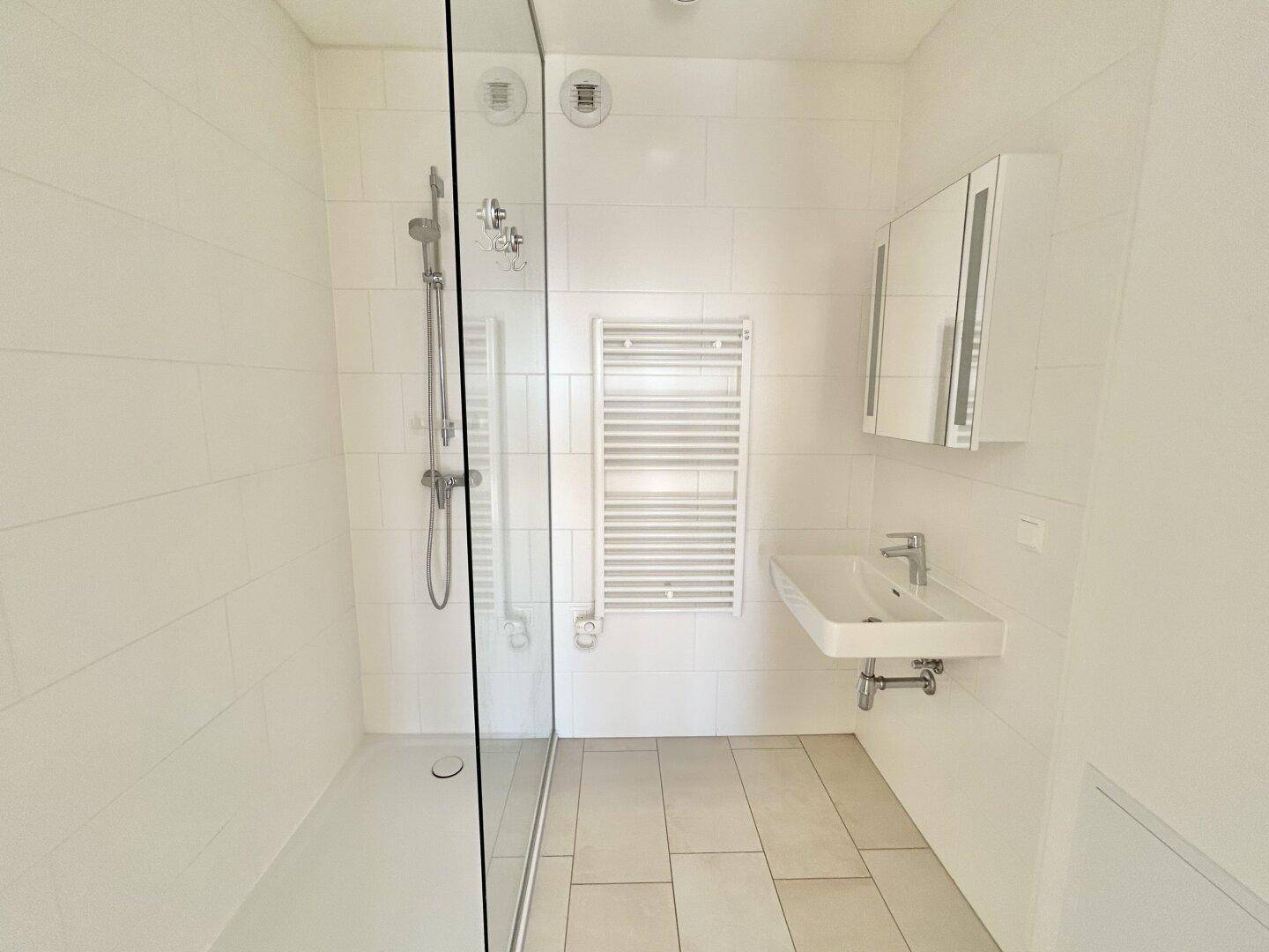 Modernes Badezimmer mit ebenerdiger Dusche, beheiztem Handtuchhalter und Spiegelschrank.