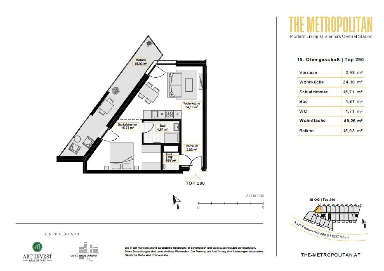 Grundriss der Wohnung Top 290 im 15. Obergeschoss mit Wohnküche und Balkon.