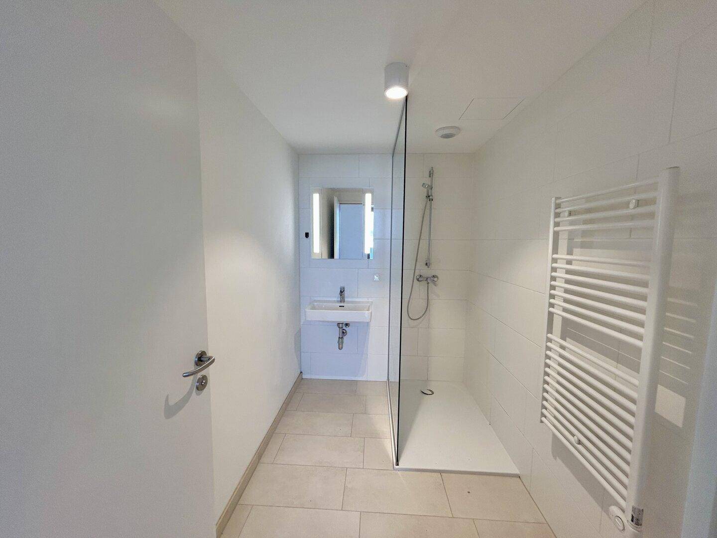 Modernes Badezimmer mit ebenerdiger Dusche, Waschbecken und beheiztem Handtuchhalter.