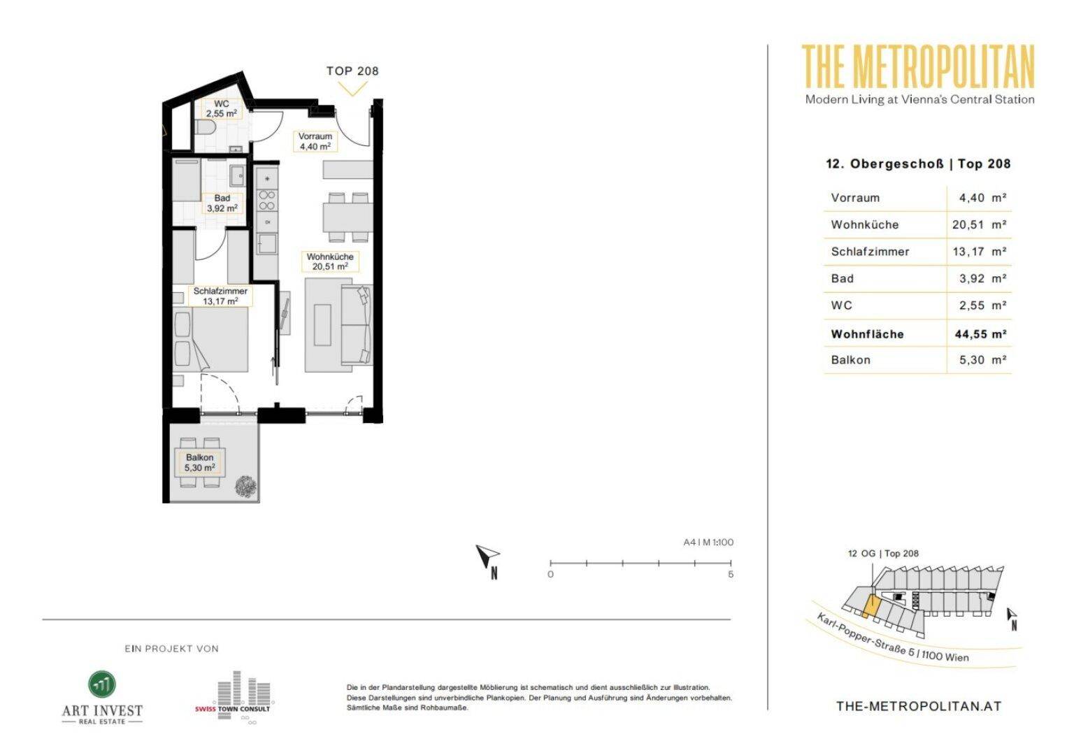 Grundriss der Wohnung Top 208 im 12. Obergeschoss mit Wohnküche, Schlafzimmer und Balkon.