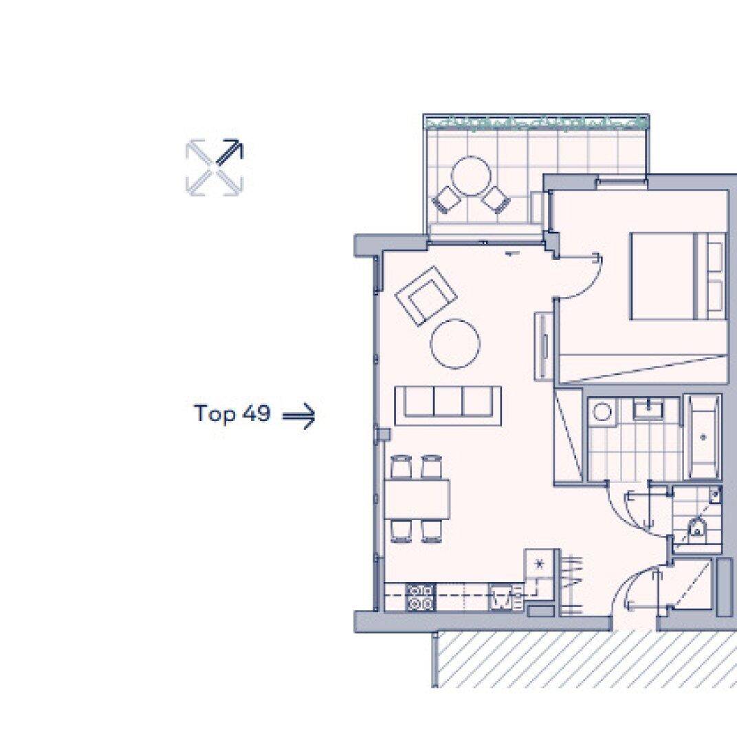 Grundriss einer Wohnung mit einem Schlafzimmer, offenem Wohnbereich und Balkon.