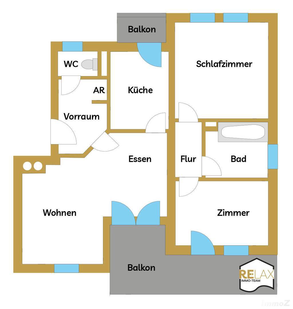 Detaillierter Grundriss der Wohnung mit separaten Wohn-, Ess- und Schlafbereichen sowie Balkon.