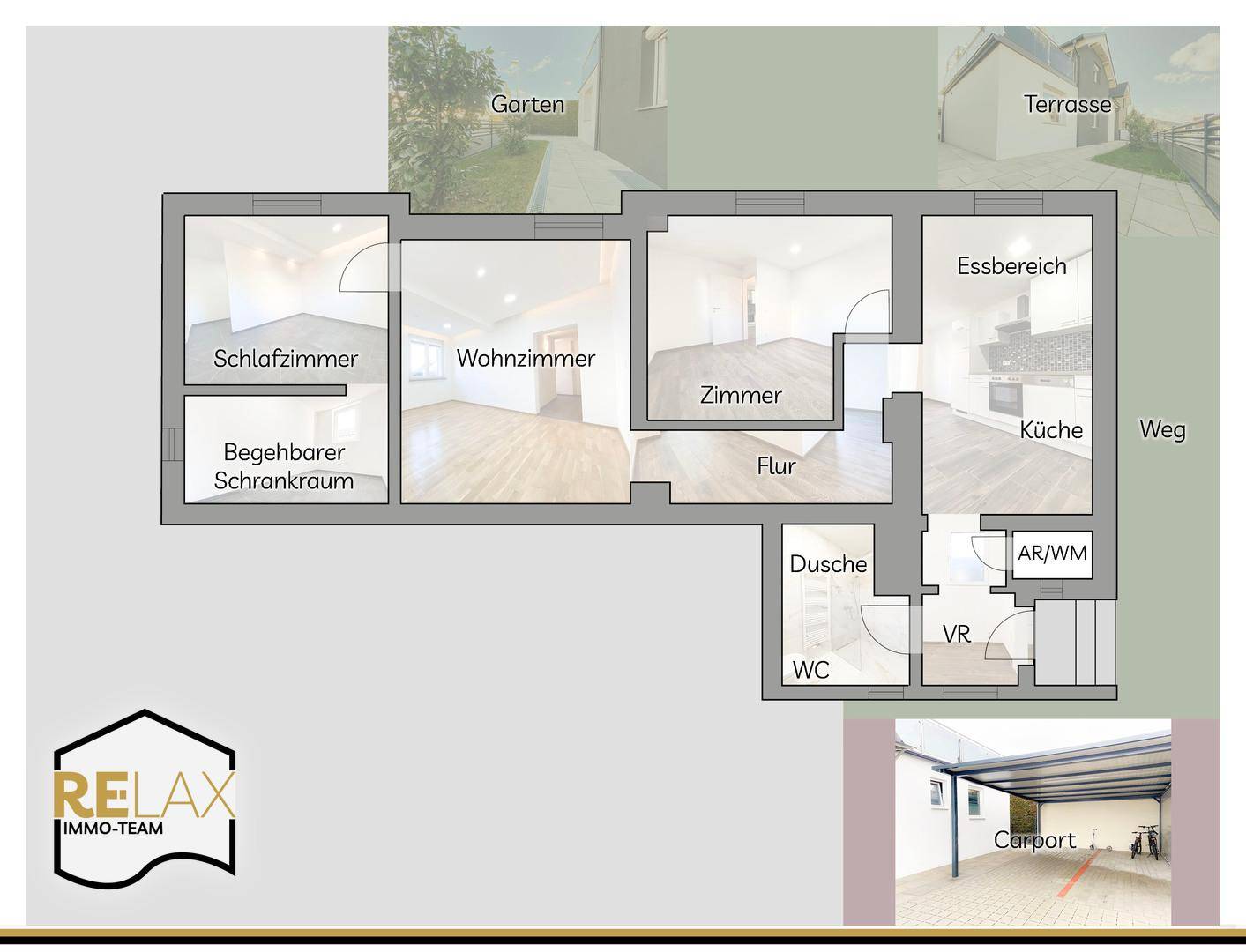 Grundriss mit Schlafzimmer, Wohnzimmer, Küche, Essbereich und Carport, zeigt die Raumaufteilung.