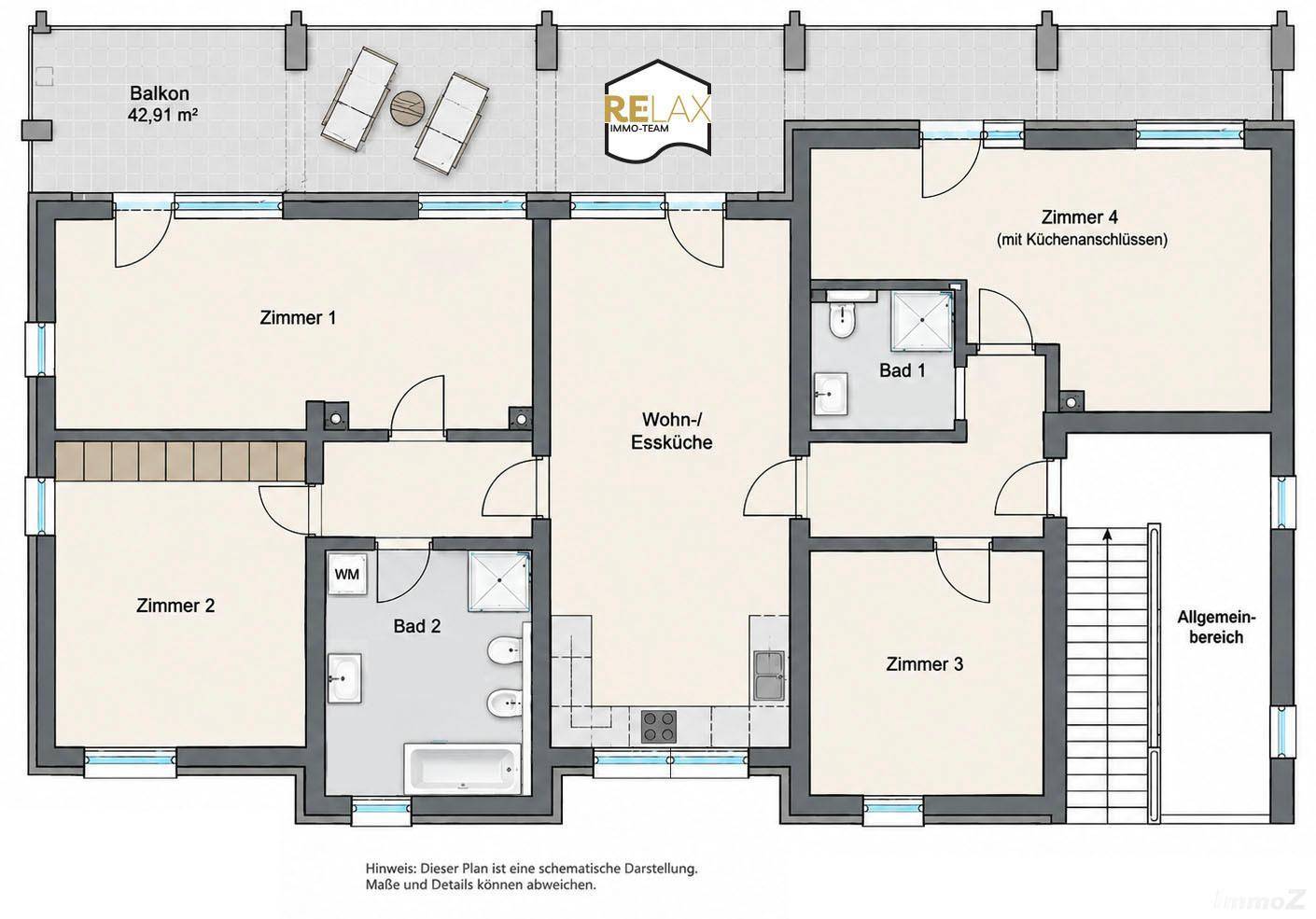 Detaillierter Grundriss einer Wohnung mit 4 Zimmern, zwei Bädern und großem Balkon.