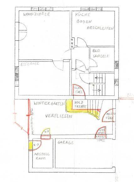 Grundriss des Erdgeschosses mit Wohnzimmer, Küche, Esszimmer, Wintergarten und Garage.