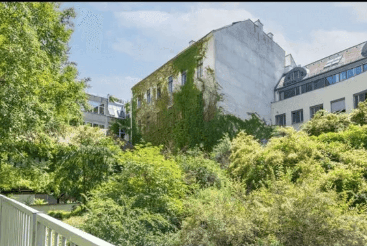 Historisches Gebäude, teilweise mit Efeu bewachsen, umgeben von üppigem Grün und Bäumen.
