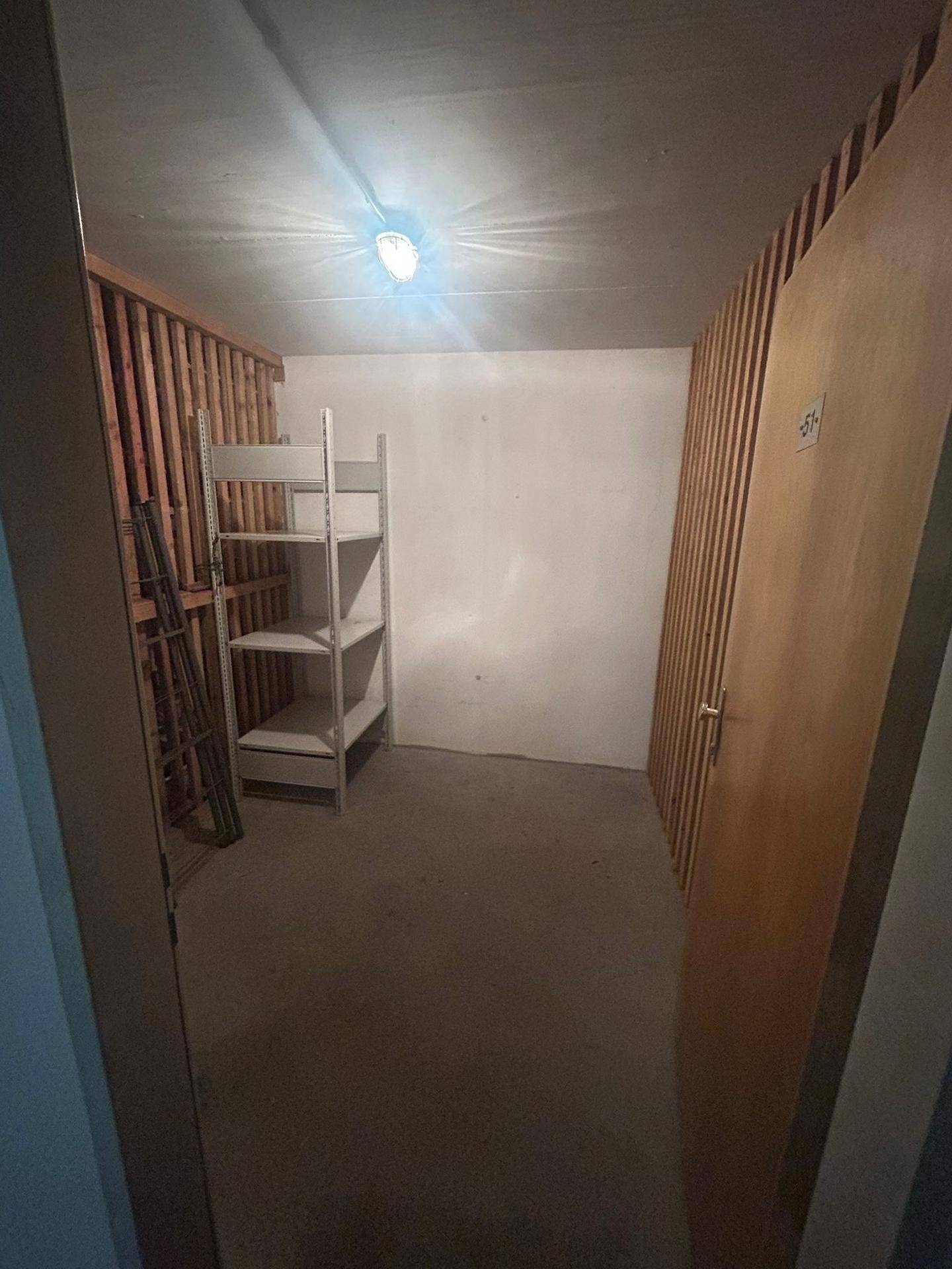 Einfacher Abstellraum im Keller mit Regalen und Holzverkleidung an den Wänden.
