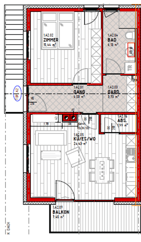 Grundriss einer Wohnung mit offenem Wohnbereich, Schlafzimmer, Bad, Gäste-WC und Balkon.