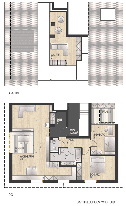 Grundriss des Dachgeschosses mit offenem Wohnbereich, Loggia, Terrasse und zwei Schlafzimmern.