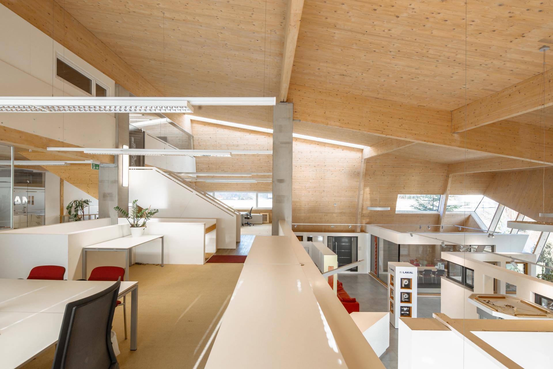 Geräumiger Innenraum mit Holzwänden und -decken, modernen Bürobereichen und viel natürlichem Licht.
