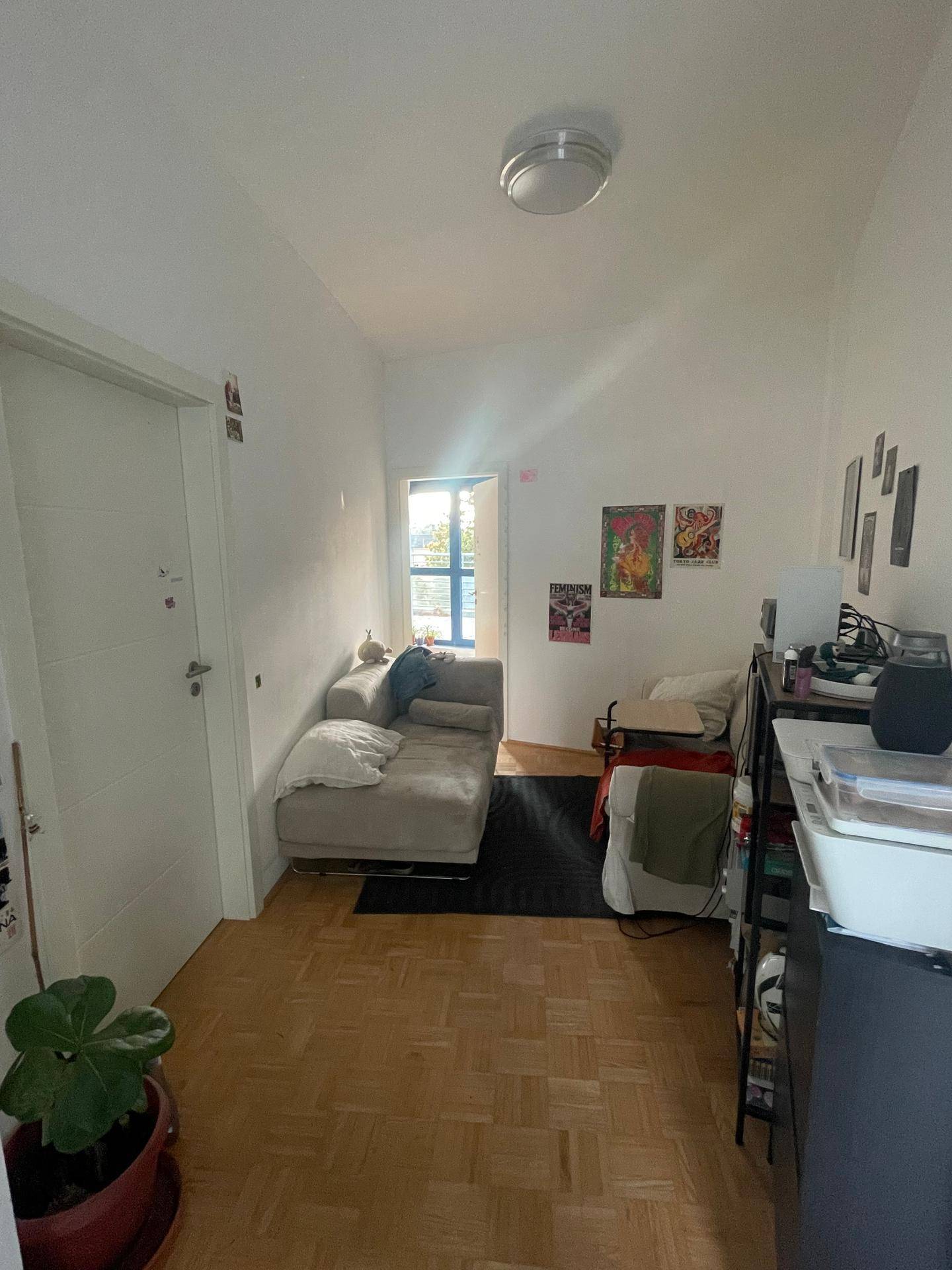 Gemütlicher Wohnbereich mit Sofa, Regalen und Zugang zu einem Außenbereich.