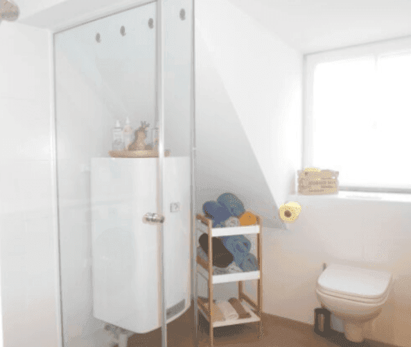 Badezimmer mit Duschkabine, Toilette und Fenster, hell und funktional gestaltet.