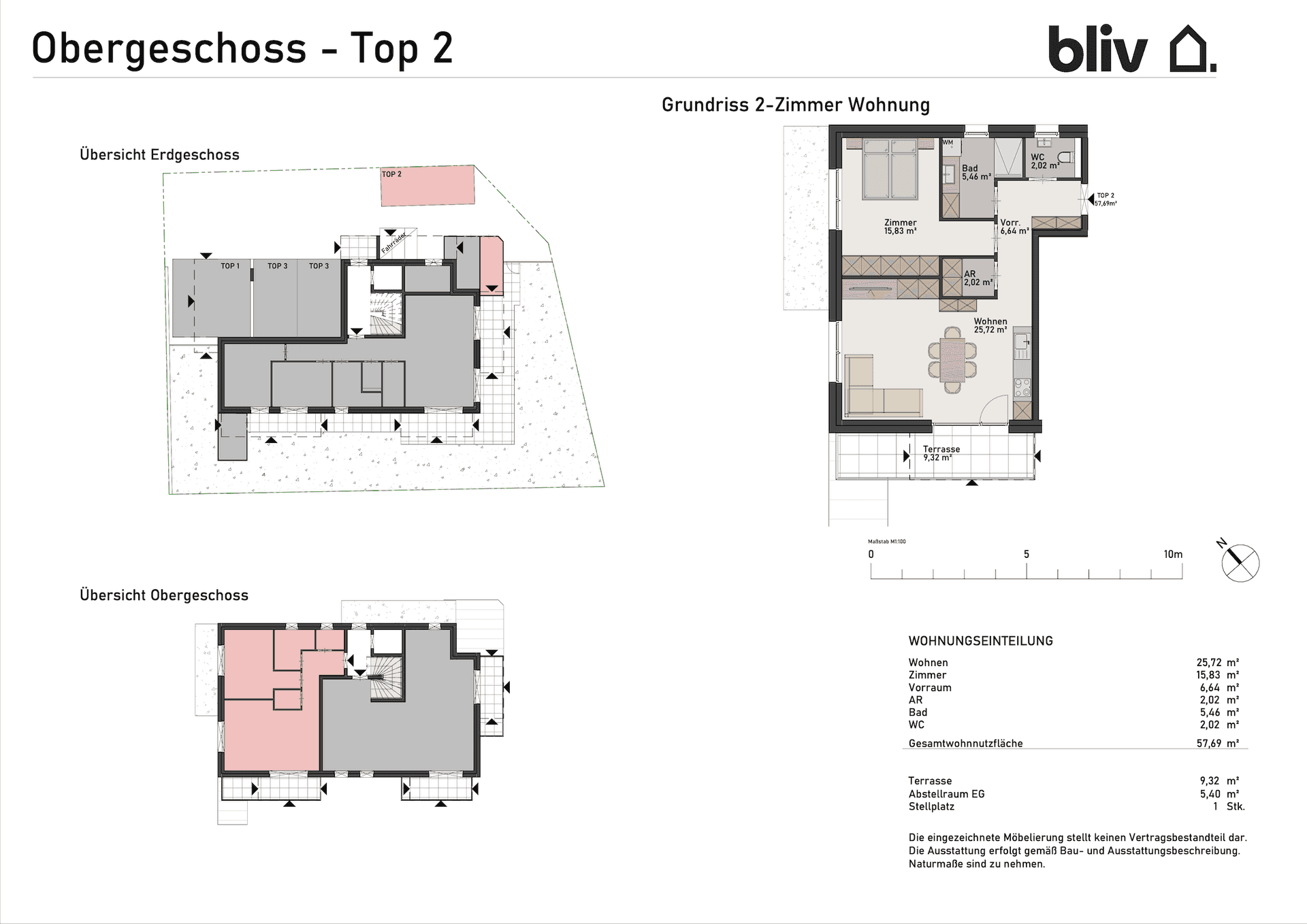 Grundriss der 2-Zimmer-Wohnung im Obergeschoss mit Terrasse und klarer Raumaufteilung.