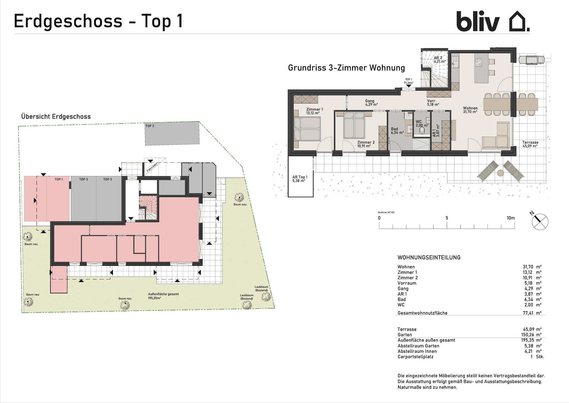 Grundriss der 3-Zimmer-Wohnung im Erdgeschoss mit Terrasse und Gartenanteil.