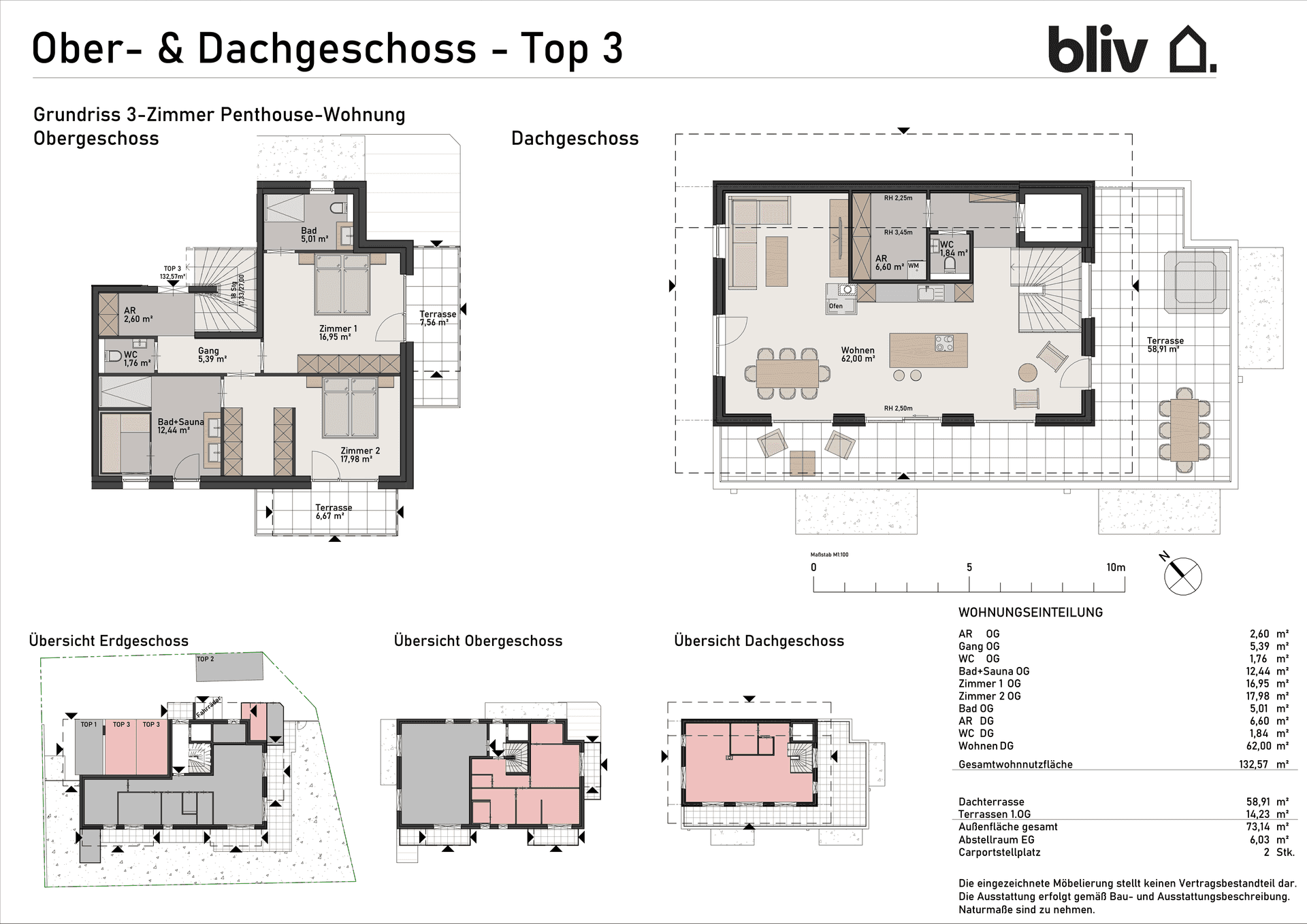 Grundriss einer 3-Zimmer Penthouse-Wohnung über Ober- und Dachgeschoss mit mehreren Terrassen und Whirlpool.