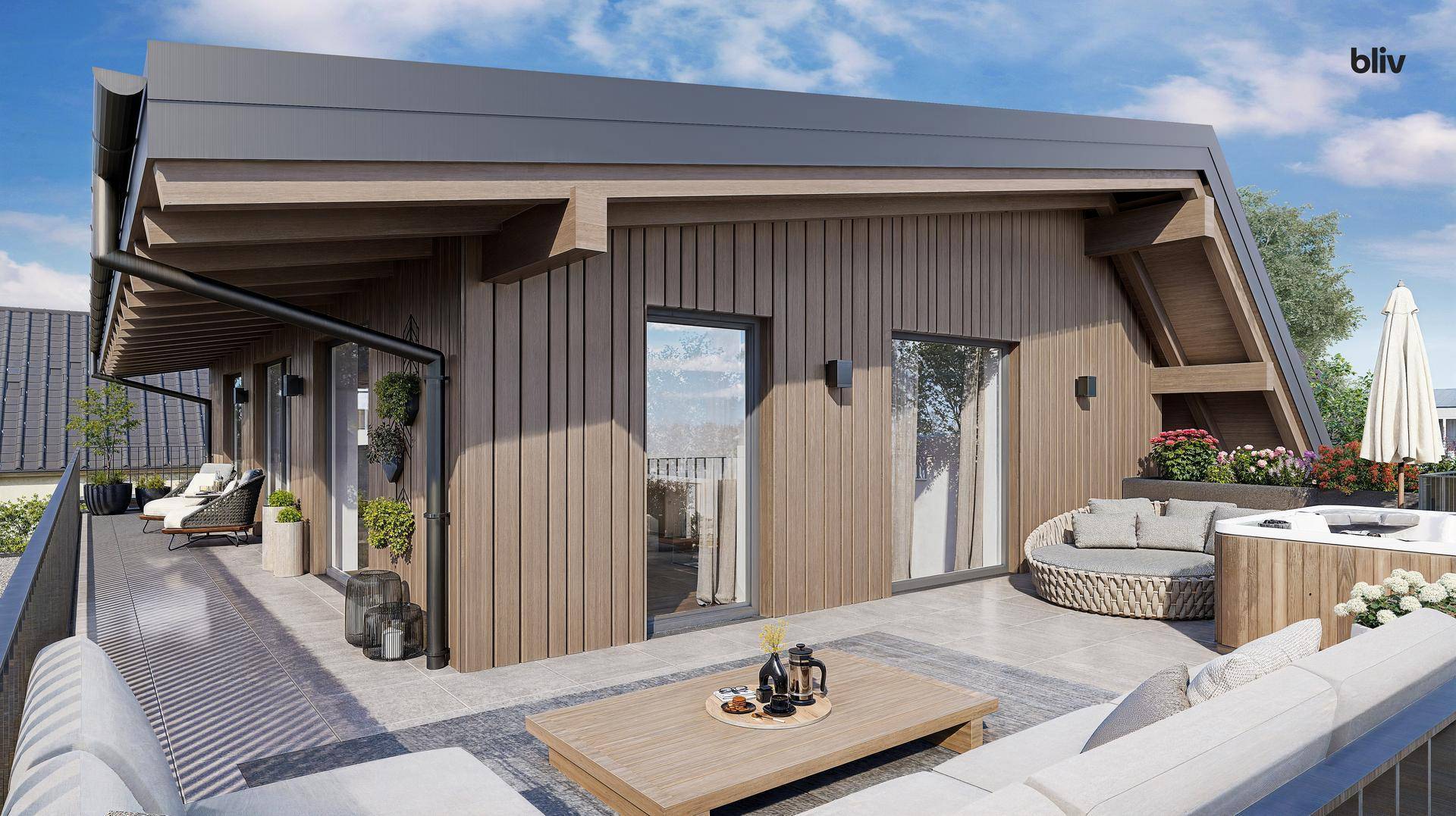 Großzügige Dachterrasse mit Lounge-Möbeln, Whirlpool und Holzelementen für entspannte Stunden.