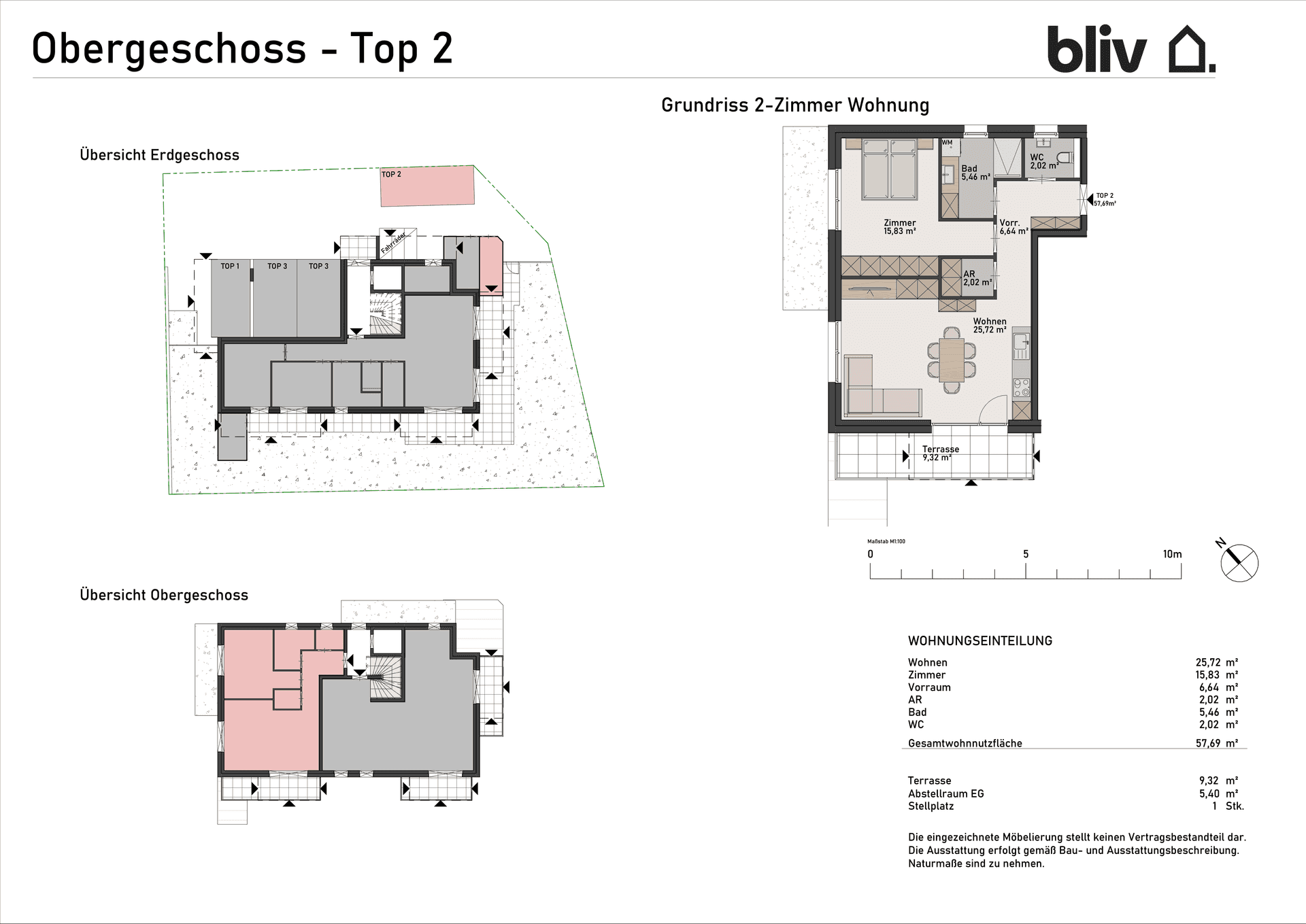 Detaillierter Grundriss einer 2-Zimmer-Wohnung mit offenem Wohnbereich, Schlafzimmer, Bad und Terrasse.