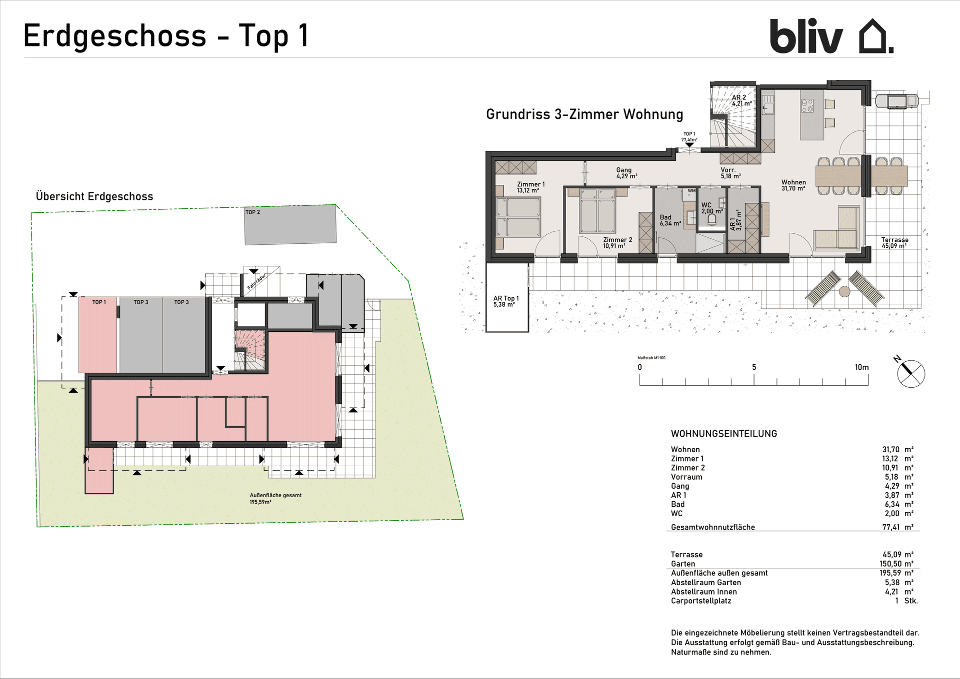 Grundriss der Erdgeschosswohnung Top 1 mit zwei Schlafzimmern, offenem Wohnbereich, Bad, separatem WC, großer Terrasse und Garten.