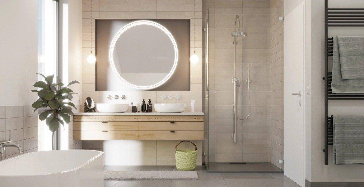 Modernes Badezimmer mit Doppelwaschbecken, großer Dusche und freistehender Badewanne.