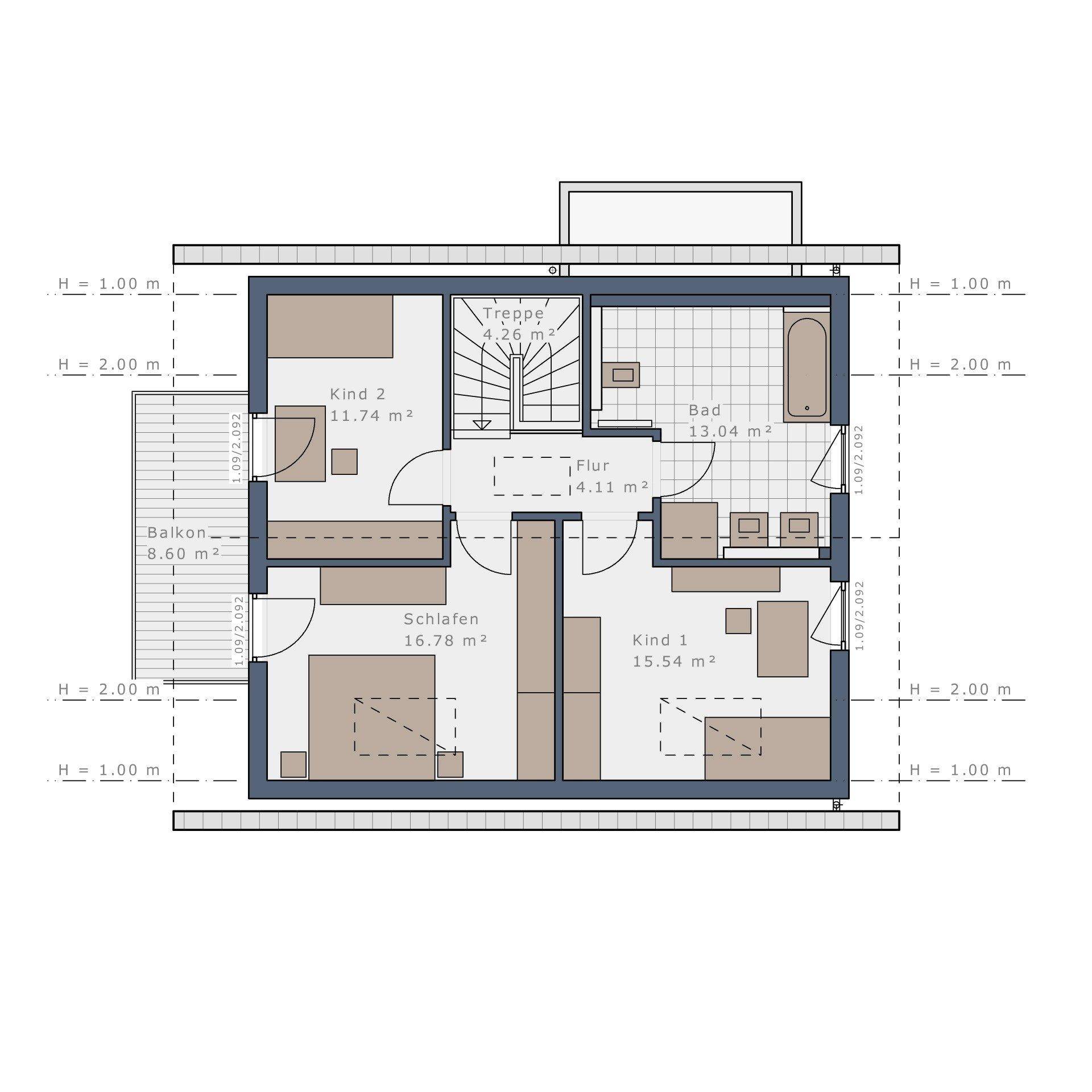 Grundriss des Obergeschosses mit drei Schlafzimmern, Bad und Balkon.