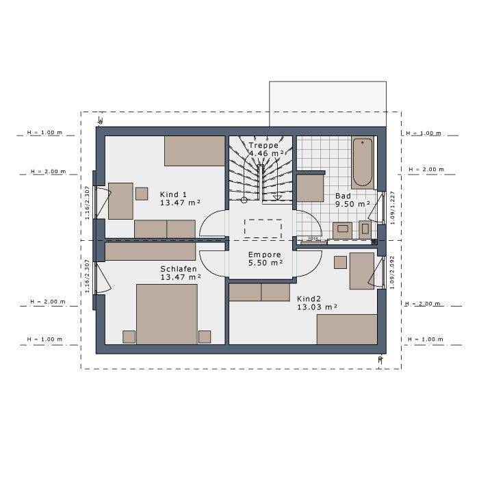 Grundriss des Obergeschosses mit drei Schlafzimmern und einem Badezimmer.