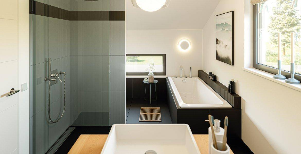 Modernes Badezimmer mit begehbarer Dusche, Badewanne und Fenster für natürliches Licht.