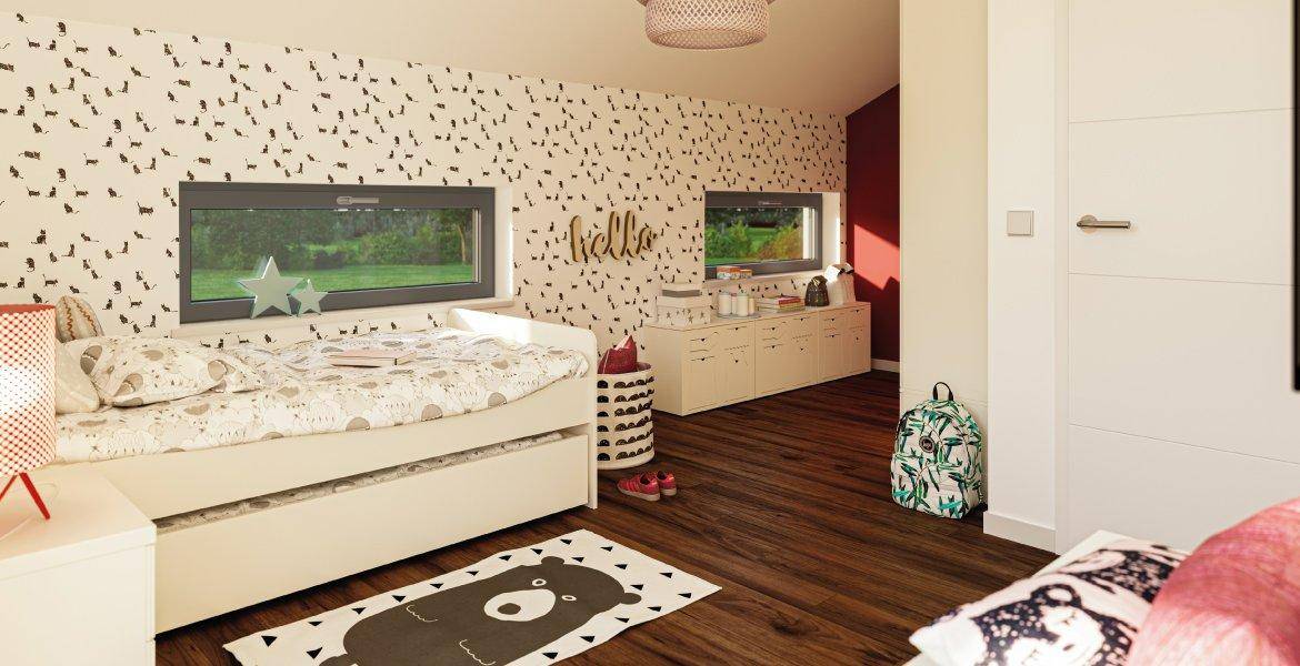 Kinderzimmer mit verspielter Tapete, Holzboden und niedrig platzierten Fenstern.