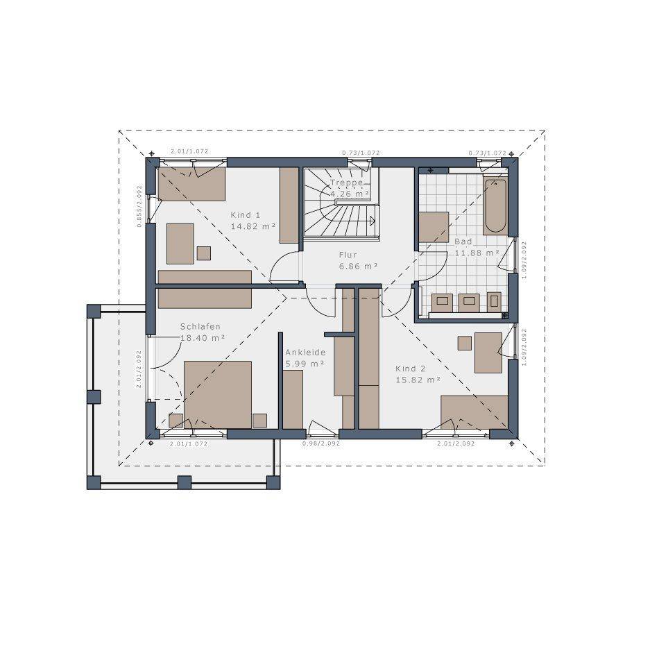 Grundriss des Obergeschosses mit drei Schlafzimmern, Ankleide und Hauptbadezimmer.