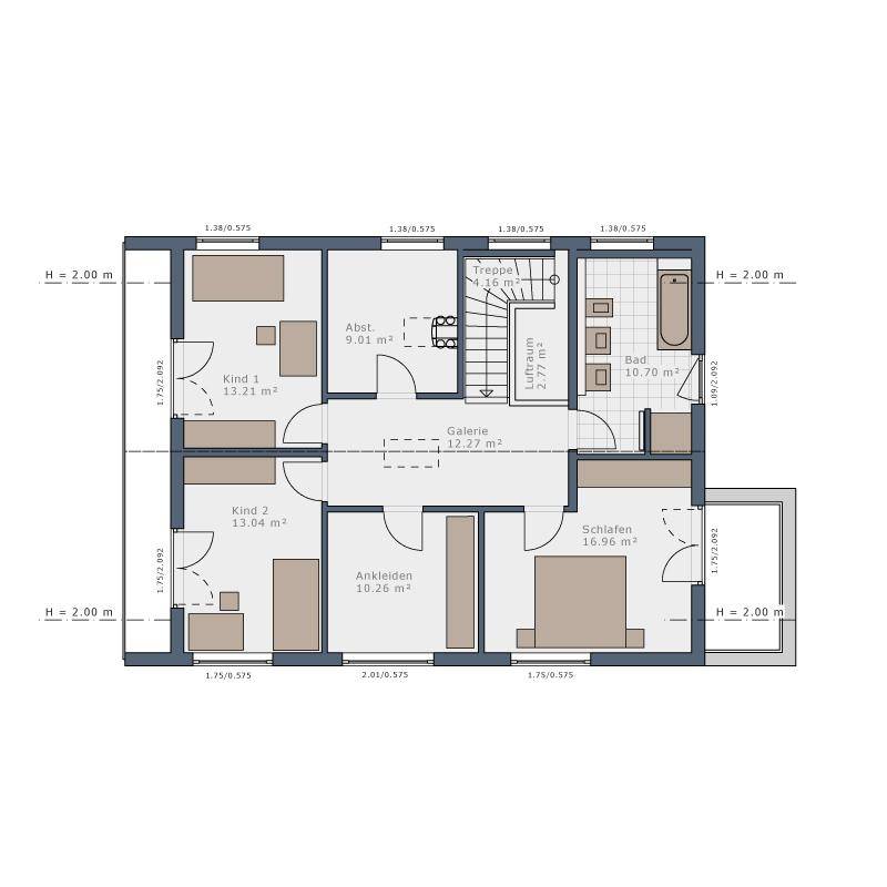 Grundriss des Obergeschosses mit drei Schlafzimmern, Ankleide, Badezimmer und Balkonzugang.