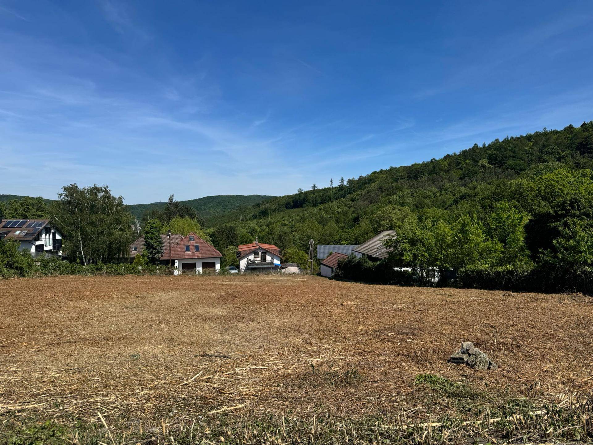Weitläufiges Feld mit Blick auf bewaldete Hügel und umliegende Häuser.