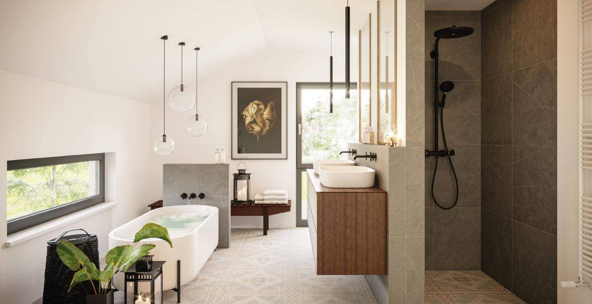 Modernes Badezimmer mit freistehender Badewanne, begehbarer Dusche und Doppelwaschbecken.