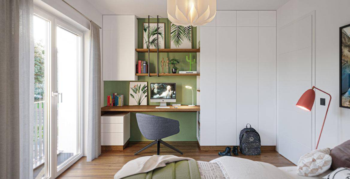 Helles Schlafzimmer mit integriertem Arbeitsbereich, großem Fenster und Einbauschränken.