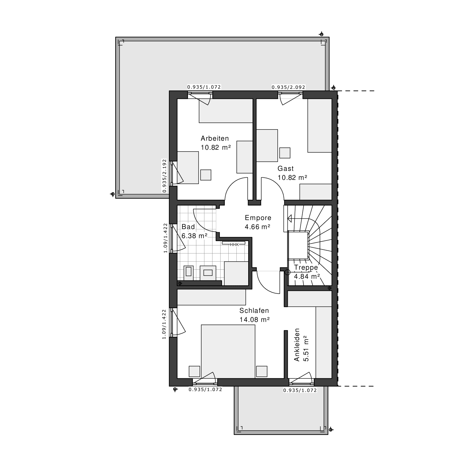 Grundriss des ersten Obergeschosses mit Schlafzimmer, Ankleide, Bad, Arbeitszimmer und Gästezimmer.