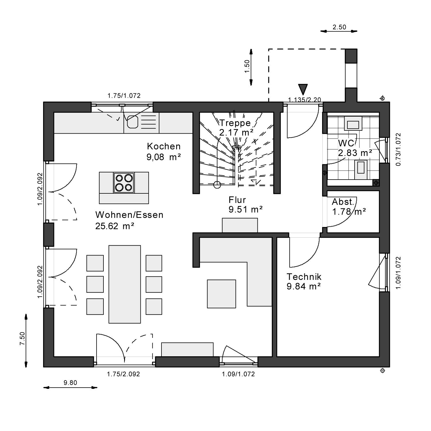 Grundriss des Erdgeschosses mit offenem Wohn-/Essbereich, integrierter Küche, Gäste-WC und Technikraum.