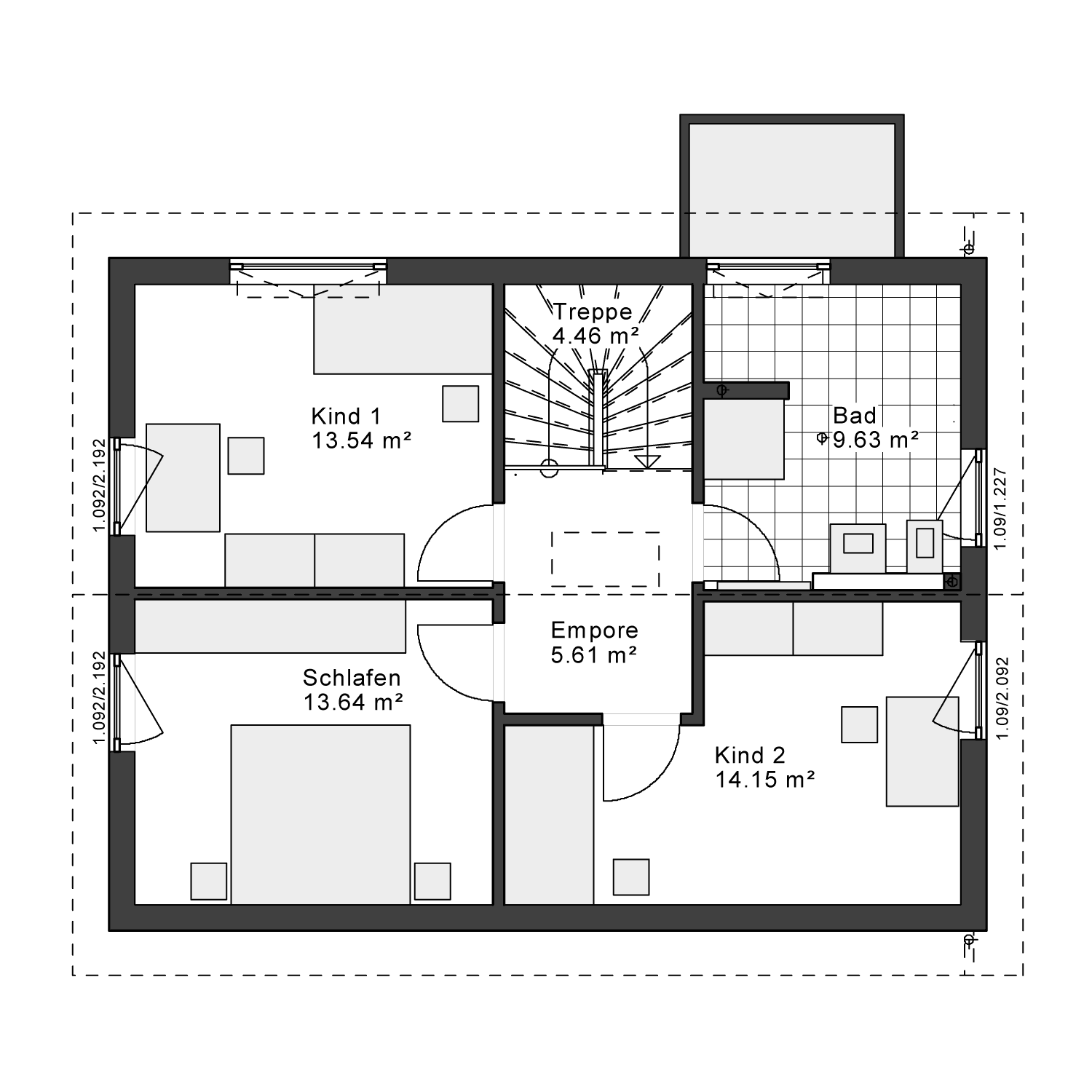 Grundriss des Obergeschosses mit drei Schlafzimmern, einem Badezimmer und einer offenen Empore.