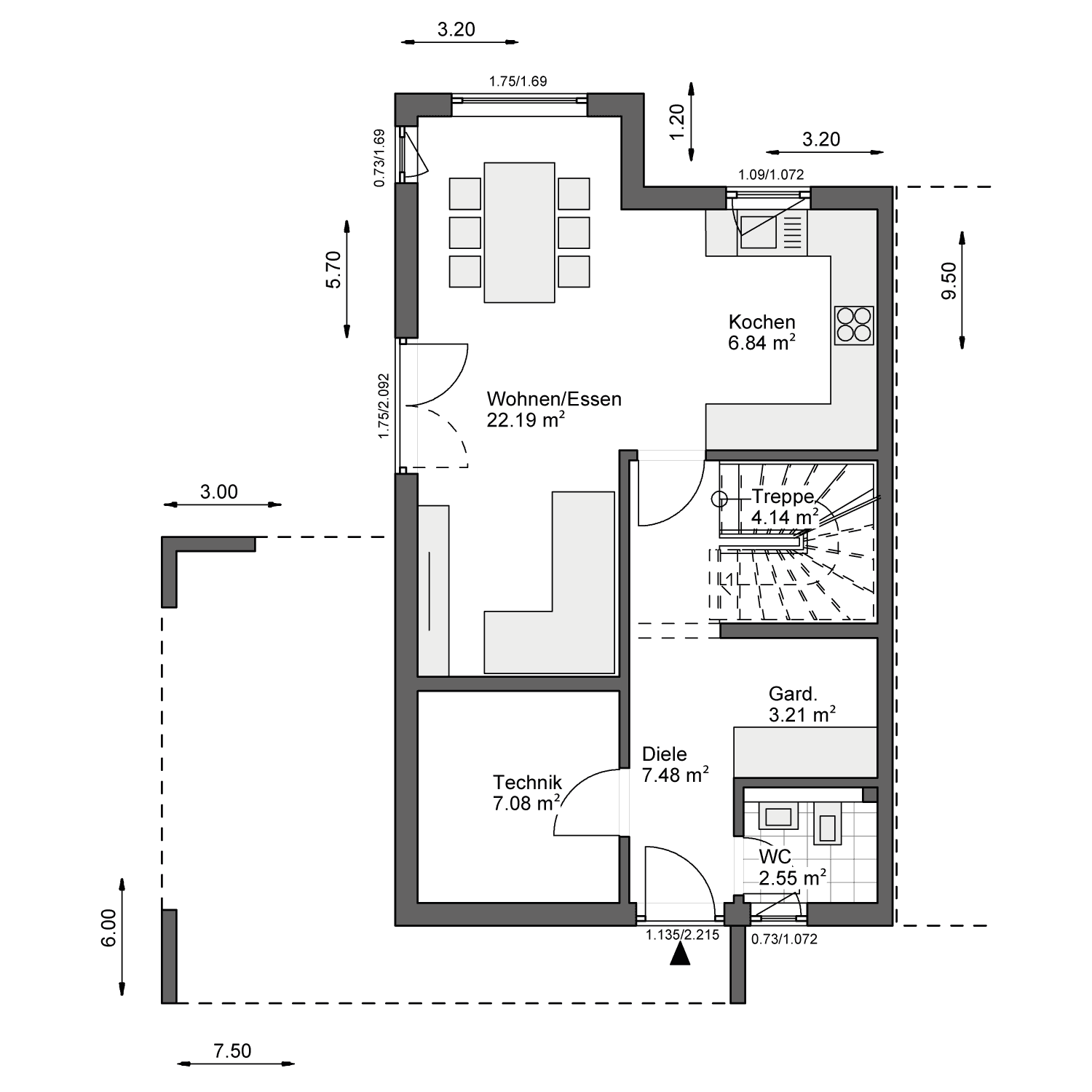 Grundriss des Erdgeschosses mit offenem Wohn-/Essbereich, Küche, Gäste-WC und Zugang zum Balkon.