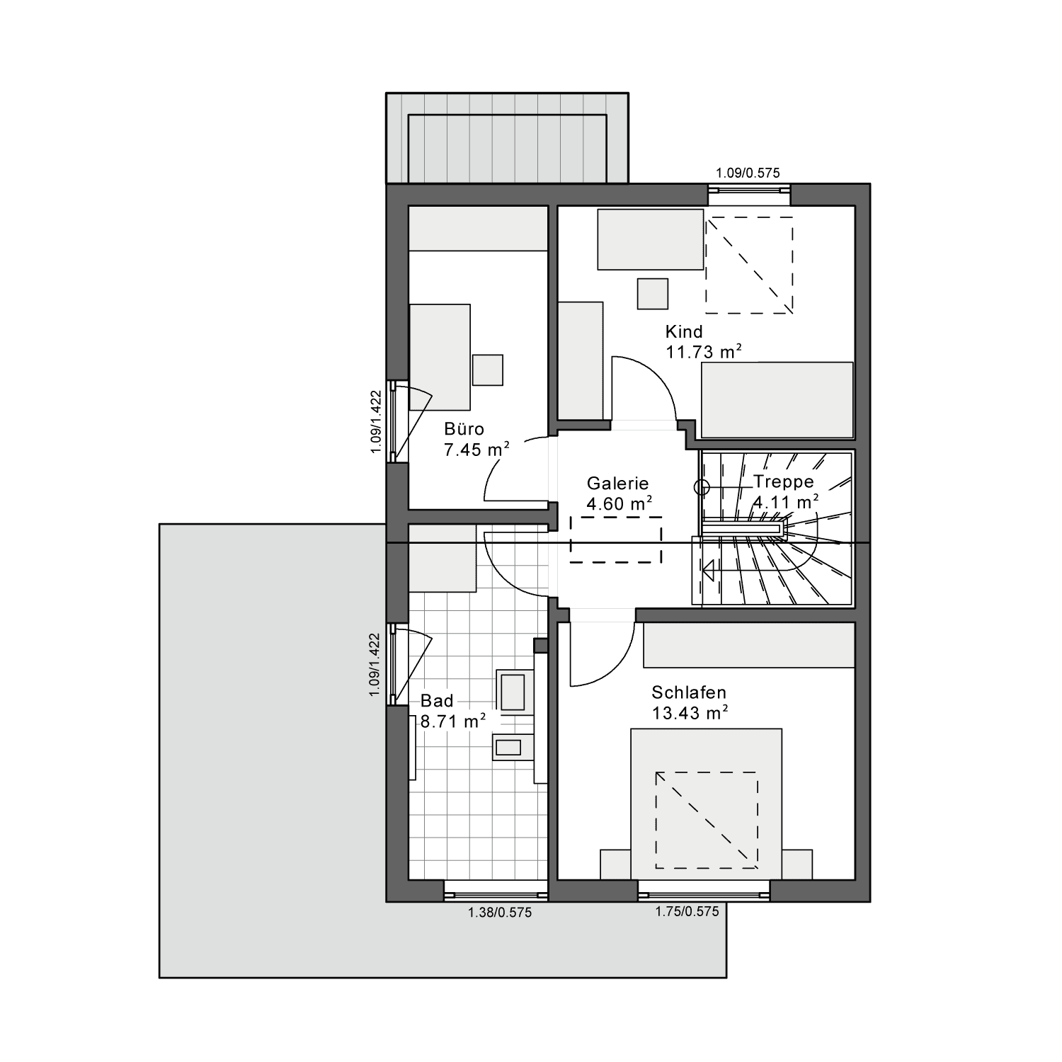 Grundriss des Obergeschosses mit drei Schlafzimmern, einem Büro und einem Badezimmer mit Badewanne und Dusche.