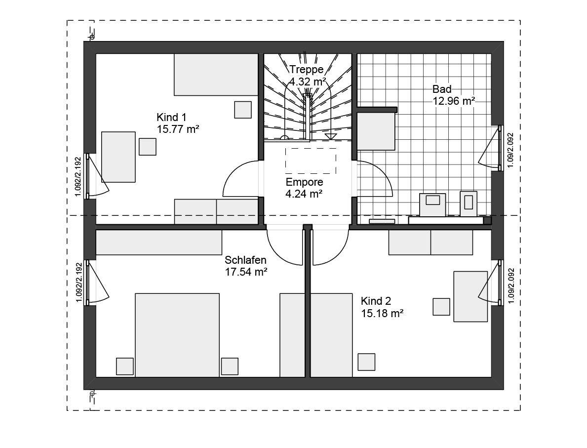 Grundriss des Obergeschosses mit drei Schlafzimmern und einem großen Badezimmer.