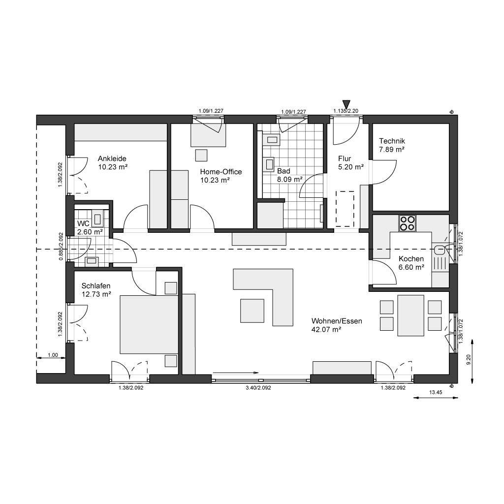 Detaillierter Grundriss mit Wohn-Essbereich, Schlafzimmer, Bad, WC und Home-Office.