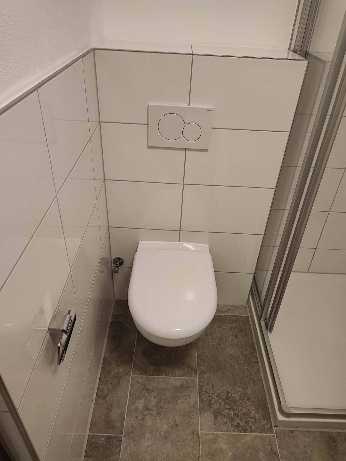 Wandhängendes WC mit moderner Spülplatte und weißen Wandfliesen im Badezimmerbereich.