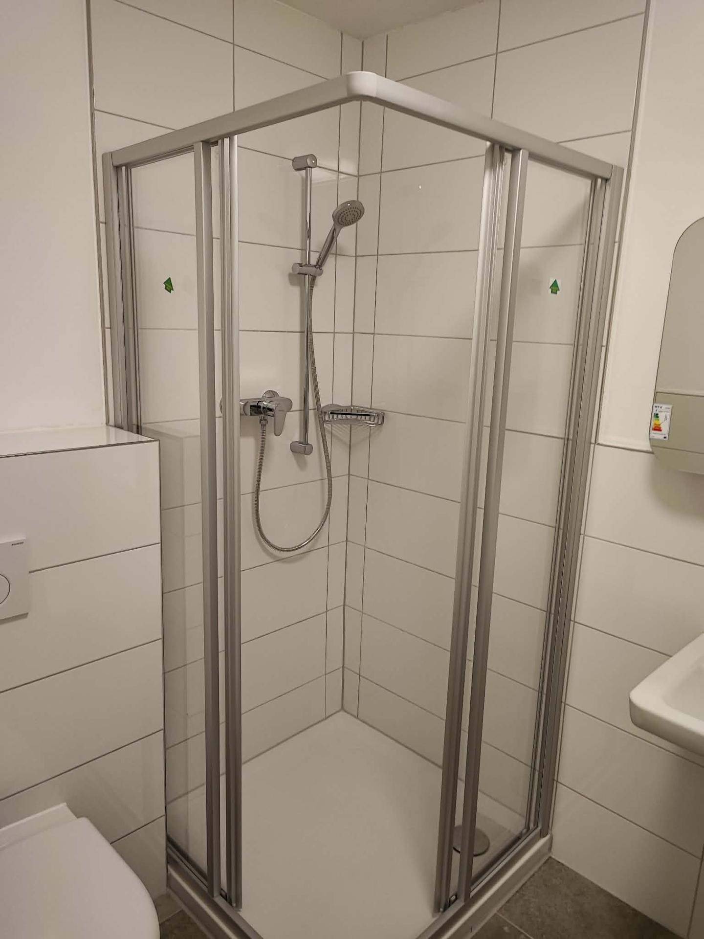 Moderne Duschkabine mit Glaswänden und weißen Fliesen in einem gepflegten Badezimmer.