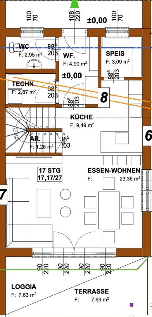 Grundriss des Erdgeschosses mit offenem Wohn-Essbereich, Küche und Zugang zu Terrasse und Loggia.