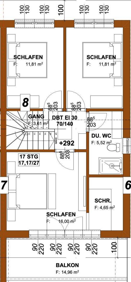 Grundriss des Obergeschosses mit drei Schlafzimmern, Bad und großem Balkon.