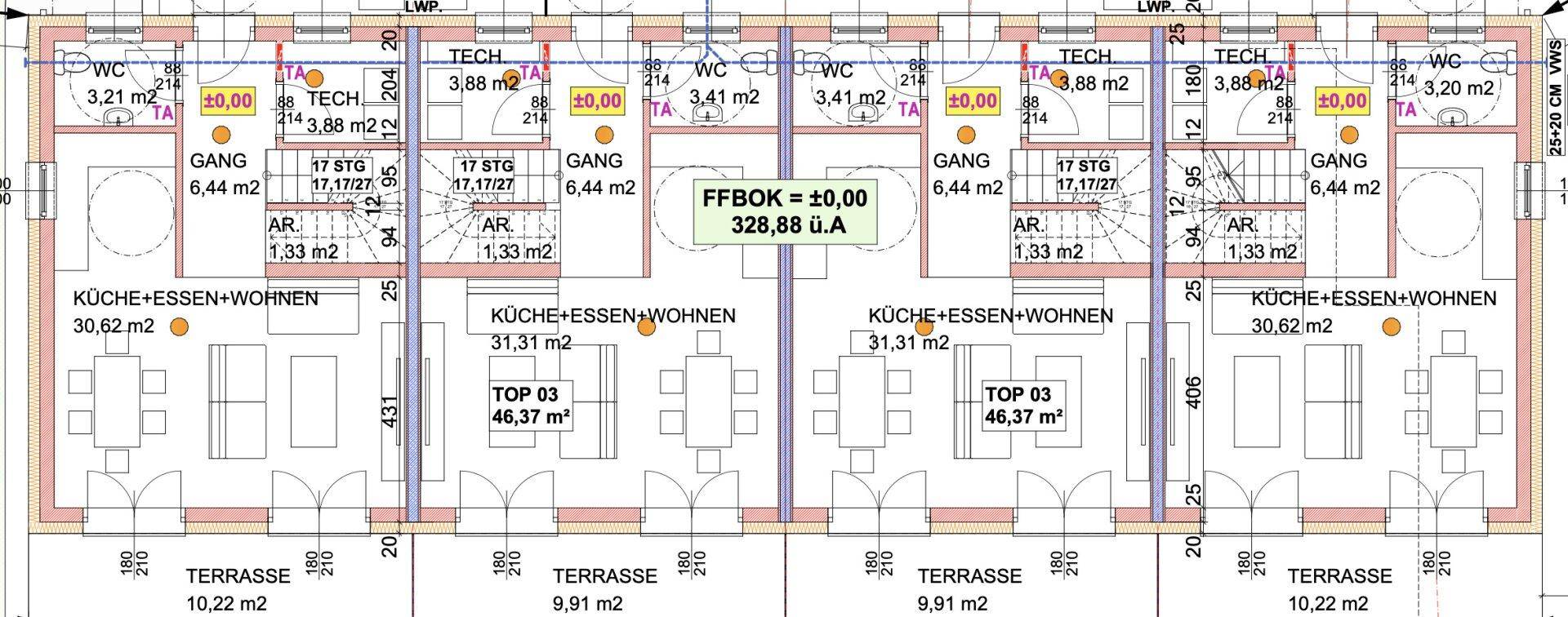 Grundriss des Erdgeschosses mit offenem Wohnbereich, Küche, WC und Terrasse.