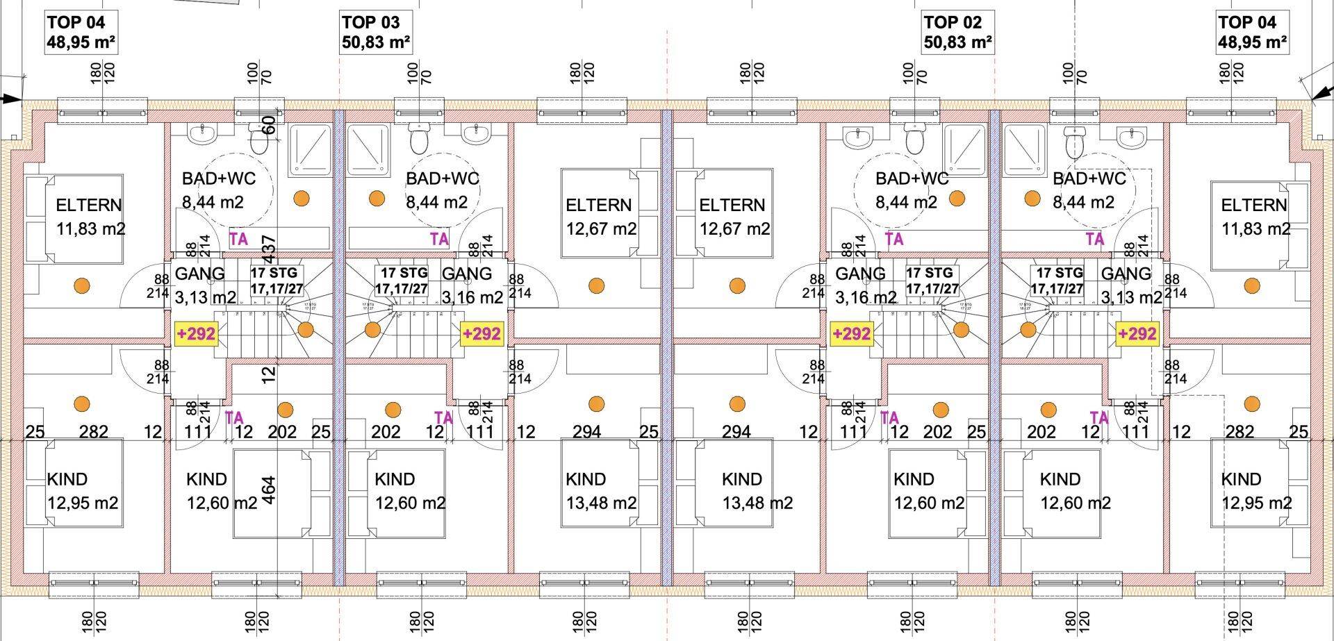 Grundriss des Obergeschosses mit Schlafzimmern, Kinderzimmern, Bad und WC.