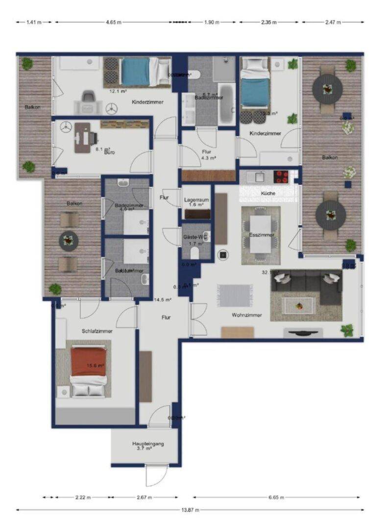 Detaillierter Grundriss einer Wohnung mit mehreren Balkonen, Schlafzimmern und offenem Wohnbereich.