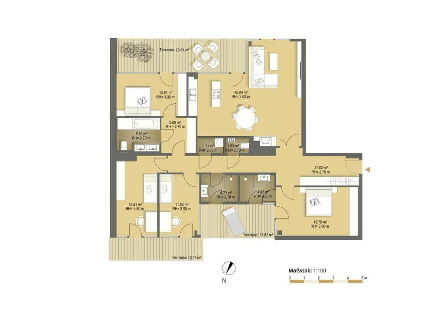 Übersichtlicher Grundriss einer Wohnung mit Terrassen, Schlafzimmern und klarer Raumaufteilung.